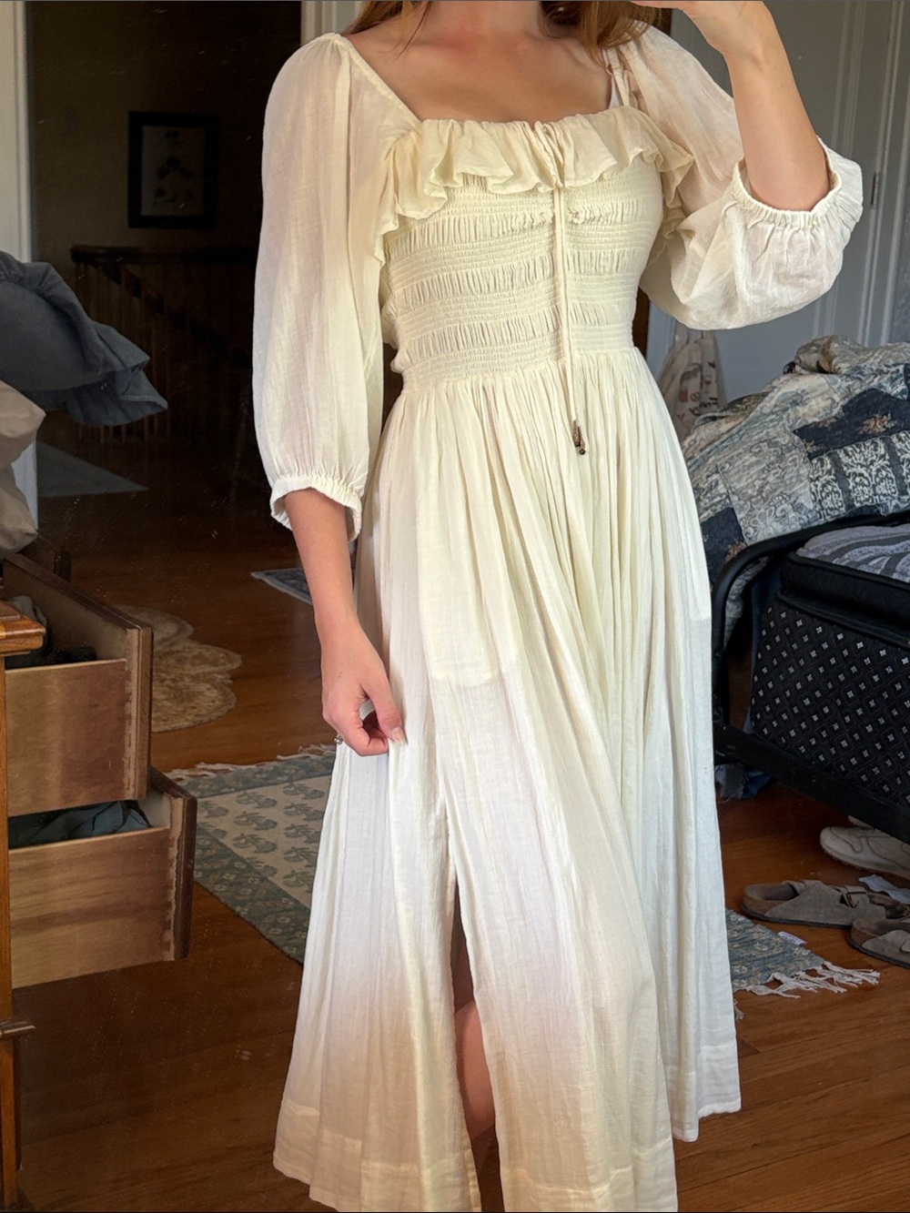 100% Cotton Free People Cream Boho Smocked Maxi Dress